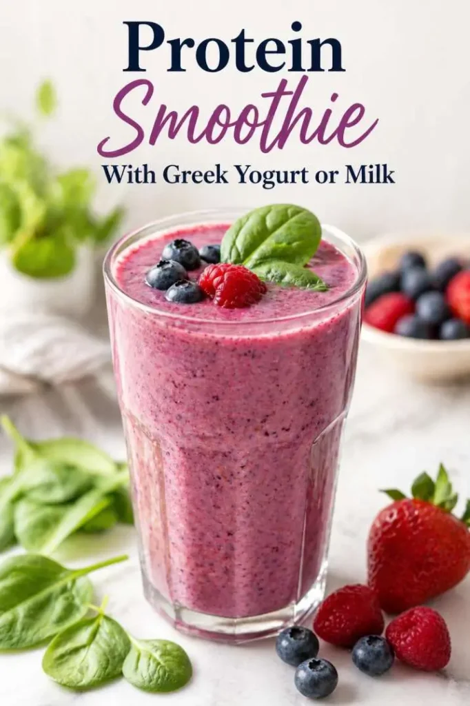 Protein-smoothie-with-berries-and-spinach-in-a-clear-glass