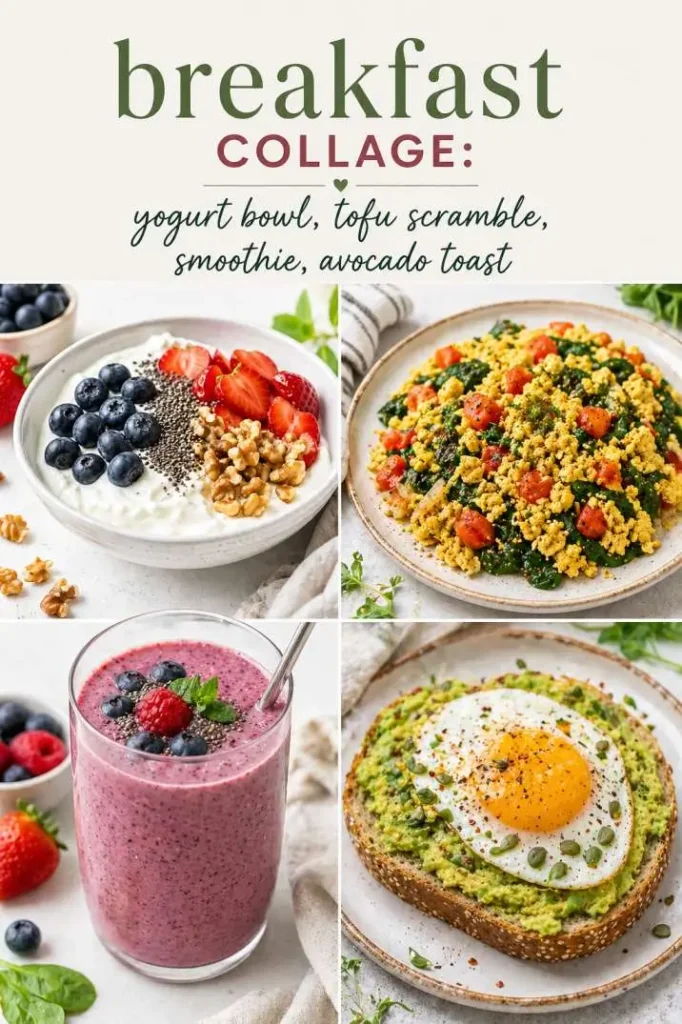 breakfast-collage-yogurt-bowl-tofu-scramble-smoothie-avocado-toast